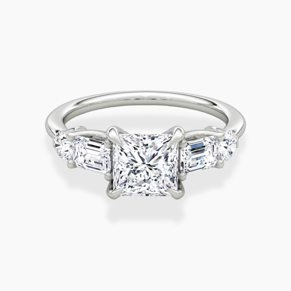 Leona Accents Princess (Round and Baguette Side Stones) Lab Grown Diamond Engagement Ring in 18K Gold