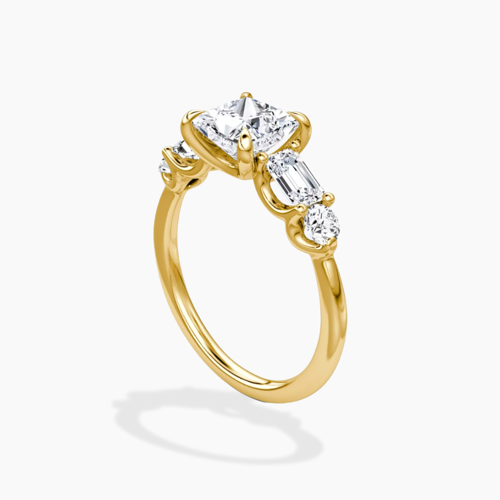 Leona Accents Princess (Round and Baguette Side Stones) Lab Grown Diamond Engagement Ring in 18K Gold