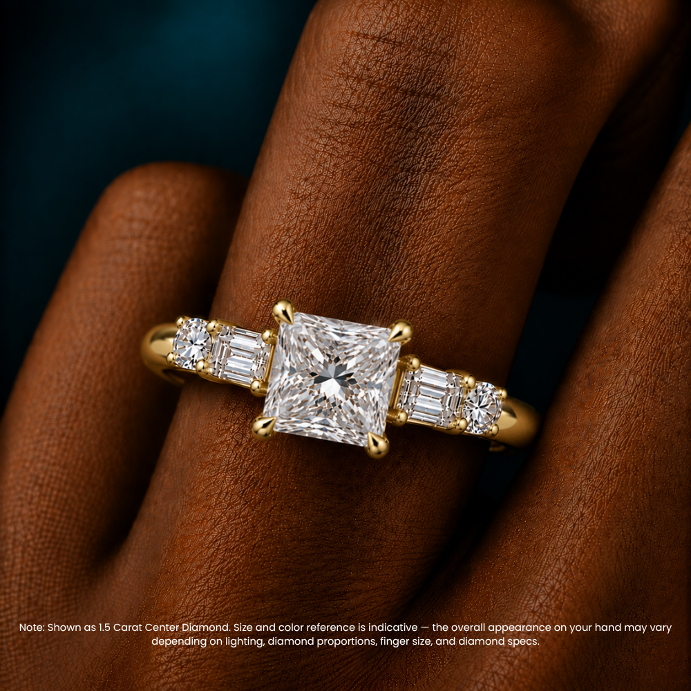Leona Accents Princess (Round and Baguette Side Stones) Lab Grown Diamond Engagement Ring in 18K Gold