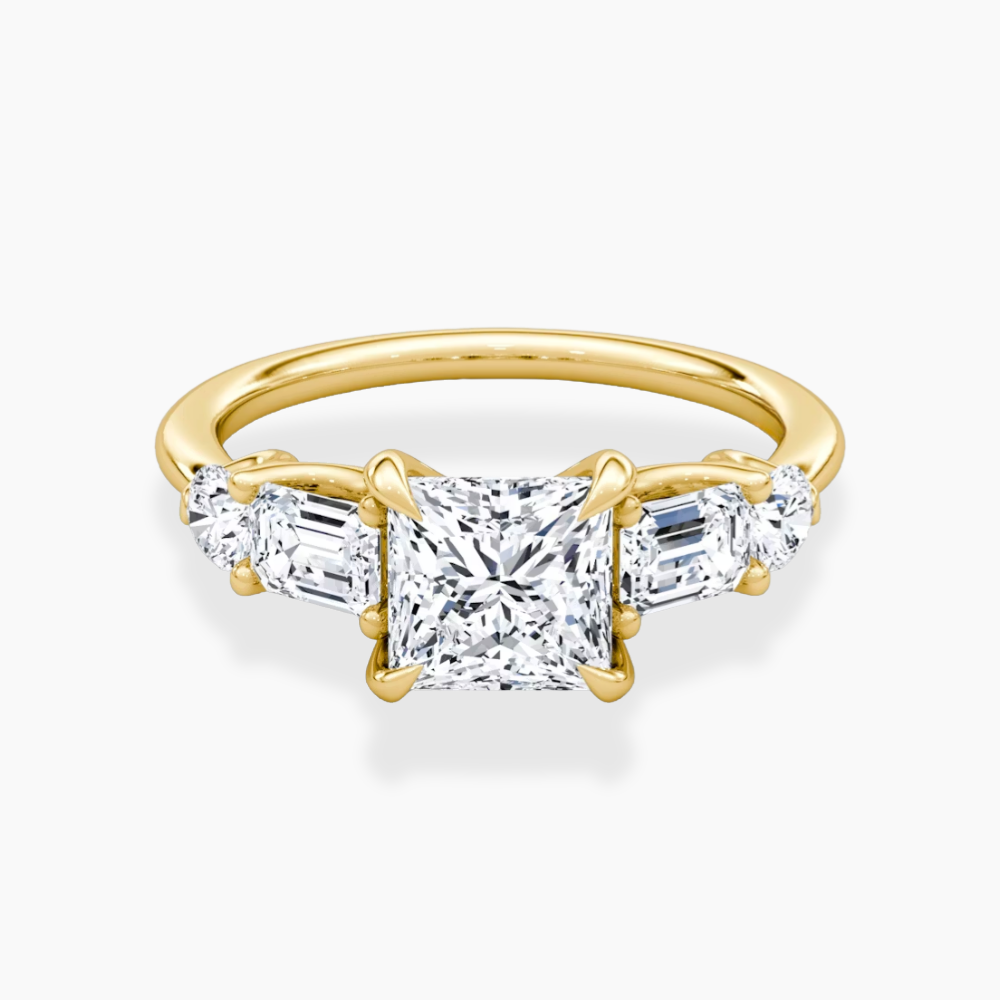 Leona Accents Princess (Round and Baguette Side Stones) Lab Grown Diamond Engagement Ring in 18K Gold
