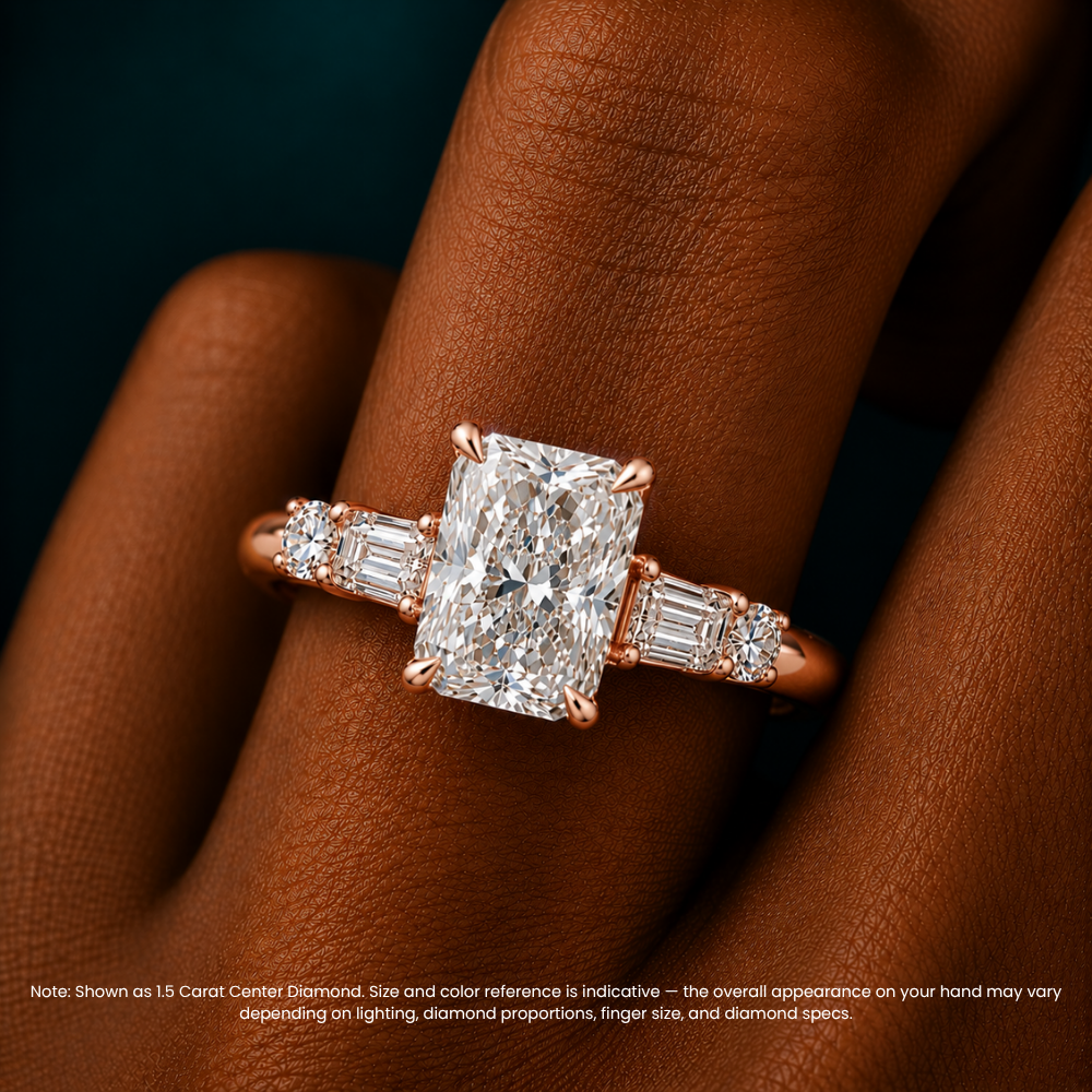 Leona Accents Radiant (Round and Baguette Side Stones) Lab Grown Diamond Engagement Ring in 18K Gold