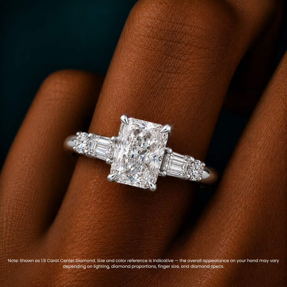 Leona Accents Radiant (Round and Baguette Side Stones) Lab Grown Diamond Engagement Ring in 18K Gold