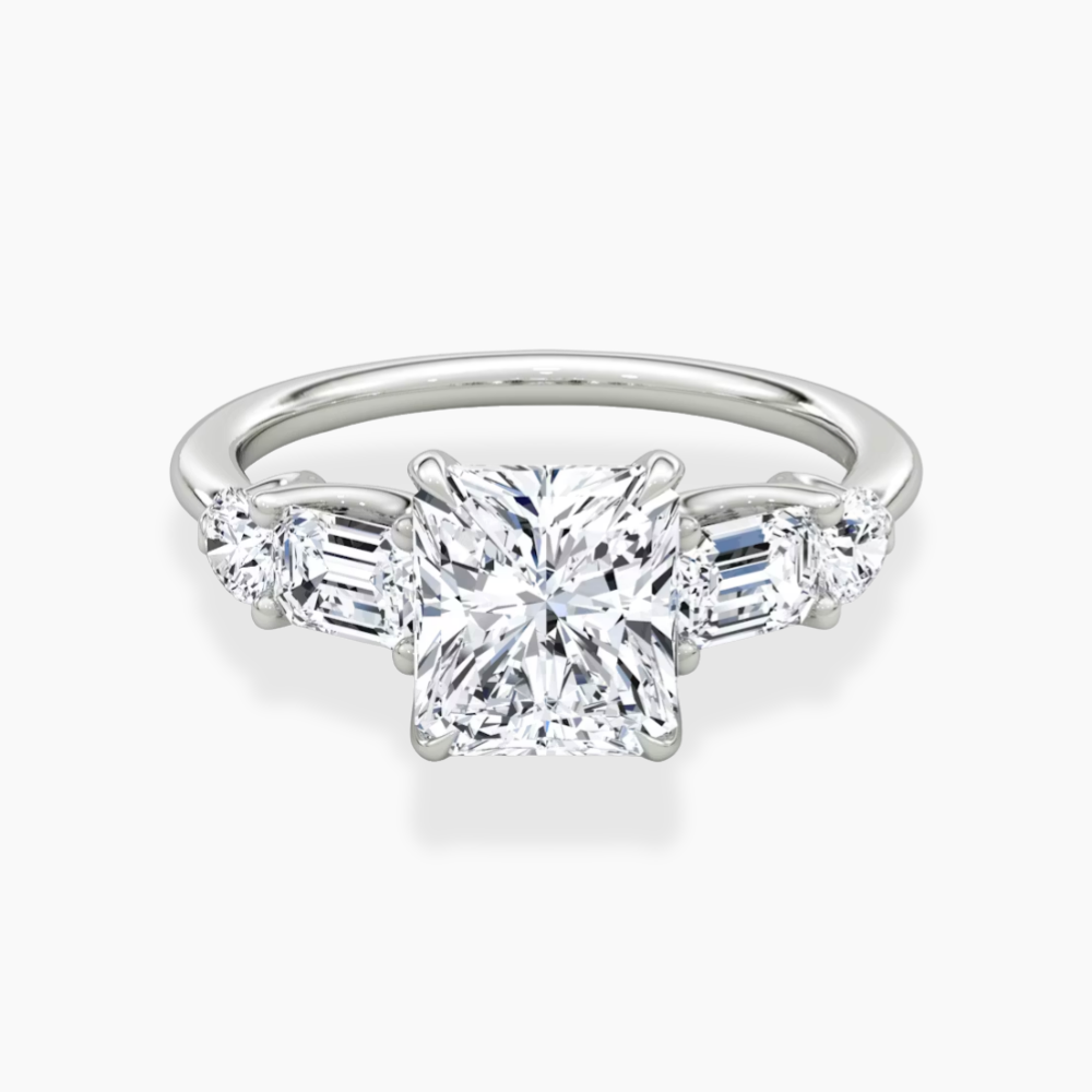 Leona Accents Radiant (Round and Baguette Side Stones) Lab Grown Diamond Engagement Ring in 18K Gold