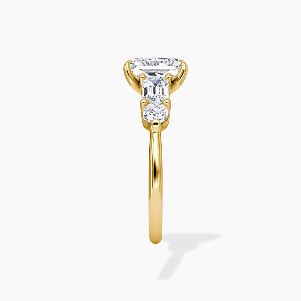 Leona Accents Radiant (Round and Baguette Side Stones) Lab Grown Diamond Engagement Ring in 18K Gold