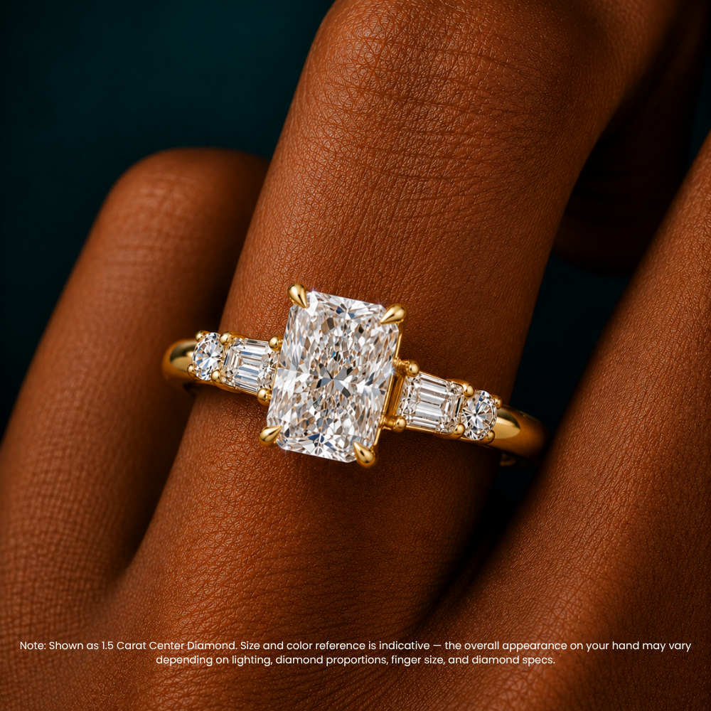 Leona Accents Radiant (Round and Baguette Side Stones) Lab Grown Diamond Engagement Ring in 18K Gold