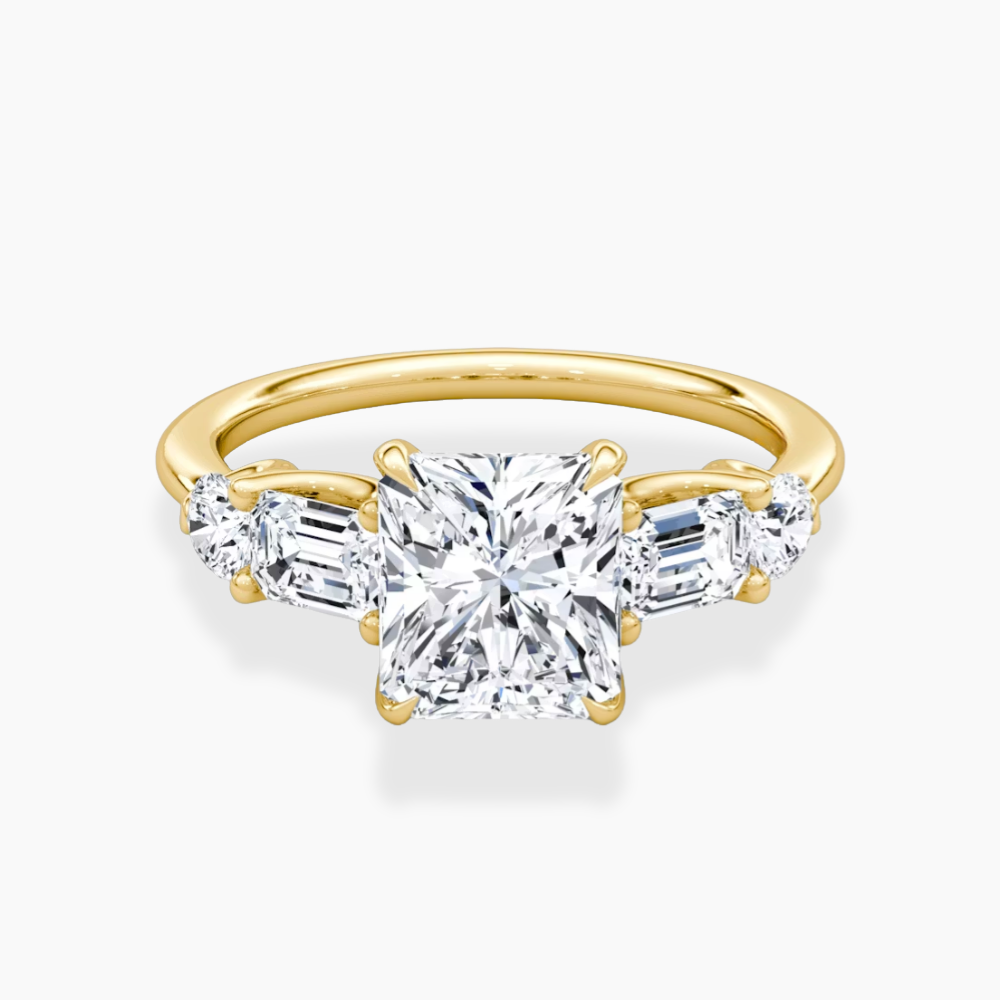 Leona Accents Radiant (Round and Baguette Side Stones) Lab Grown Diamond Engagement Ring in 18K Gold