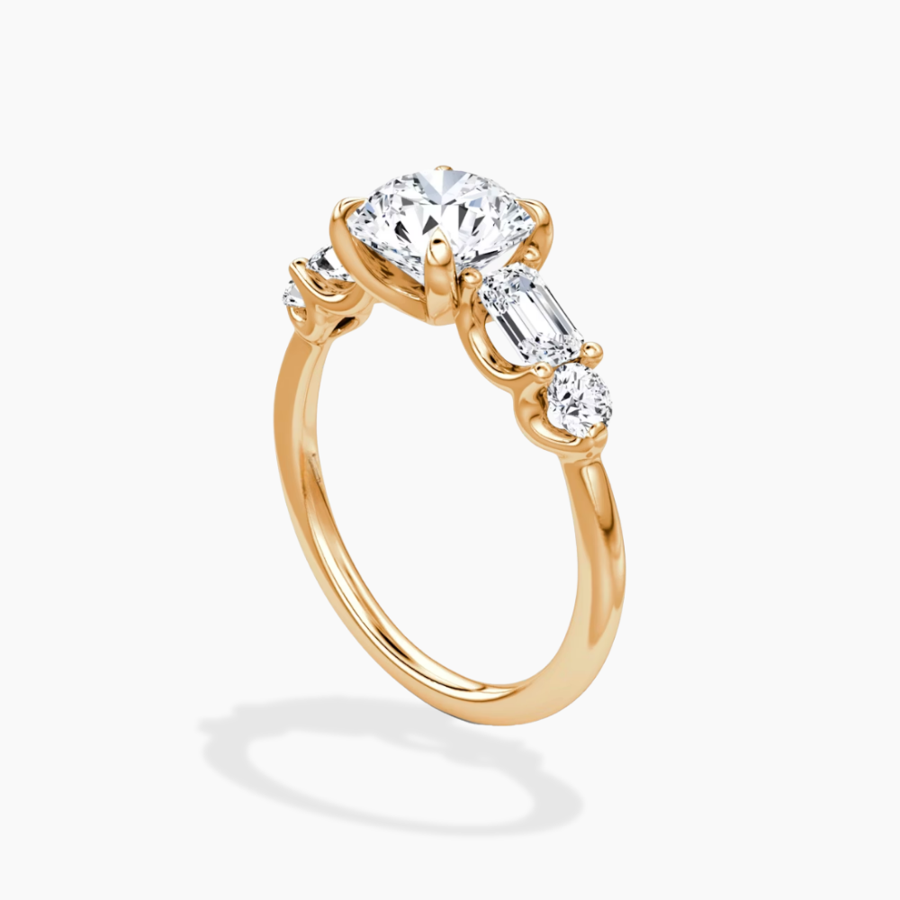 Leona Accents Round (Round and Baguette Side Stones) Lab Grown Diamond Engagement Ring in 18K Gold