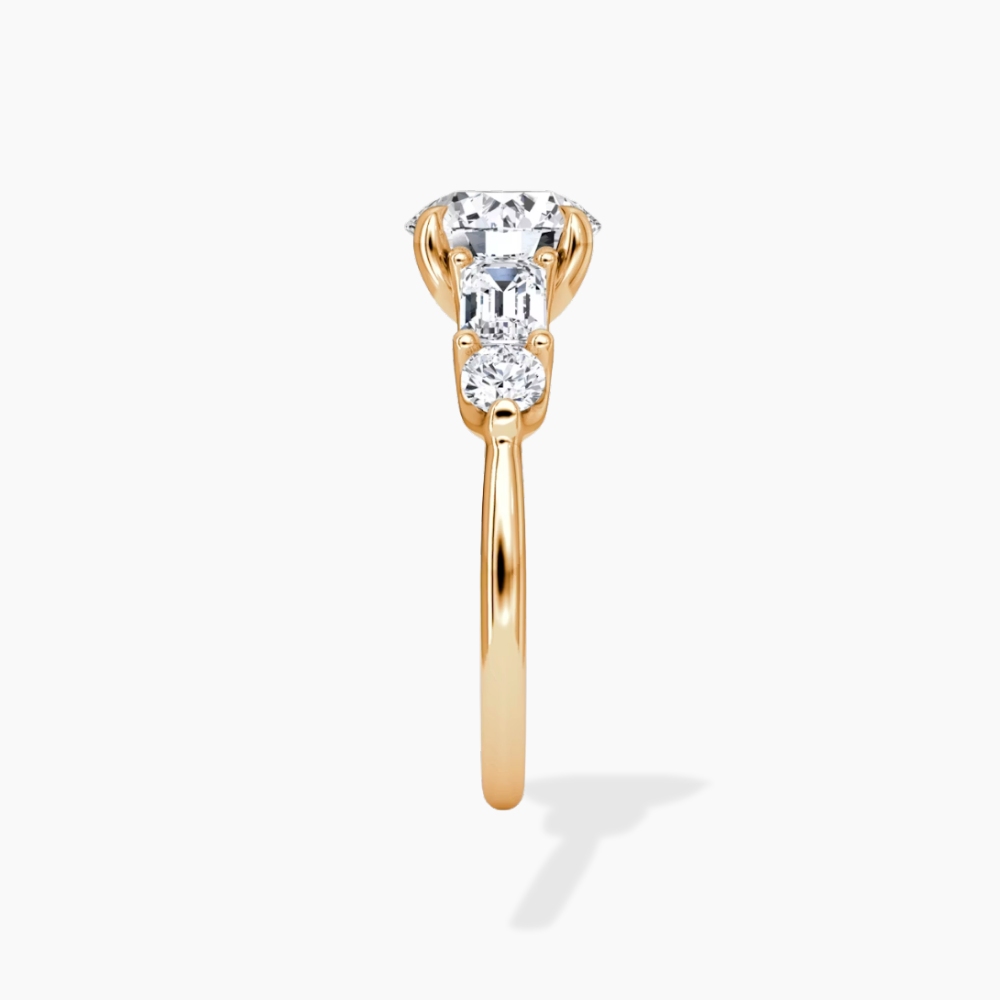 Leona Accents Round (Round and Baguette Side Stones) Lab Grown Diamond Engagement Ring in 18K Gold