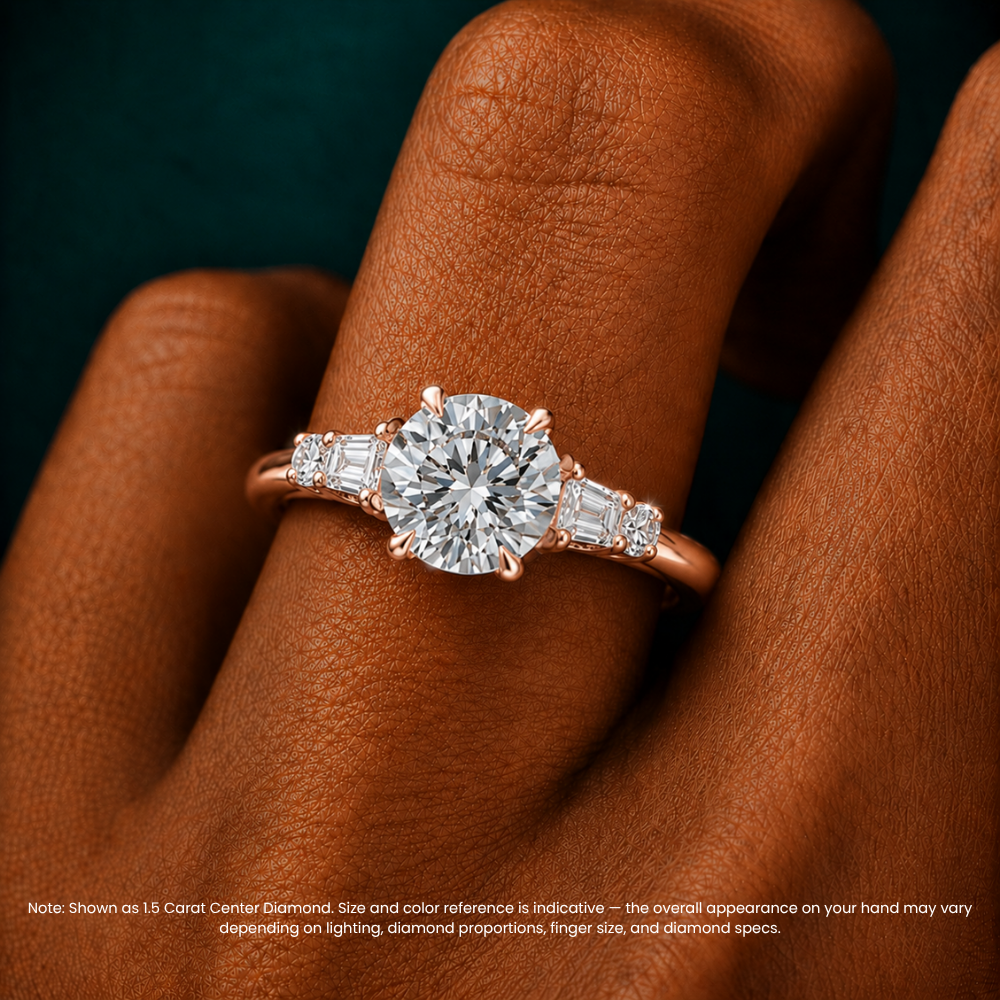 Leona Accents Round (Round and Baguette Side Stones) Lab Grown Diamond Engagement Ring in 18K Gold