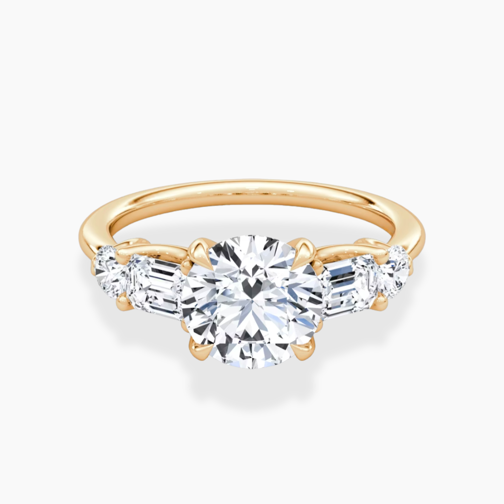 Leona Accents Round (Round and Baguette Side Stones) Lab Grown Diamond Engagement Ring in 18K Gold