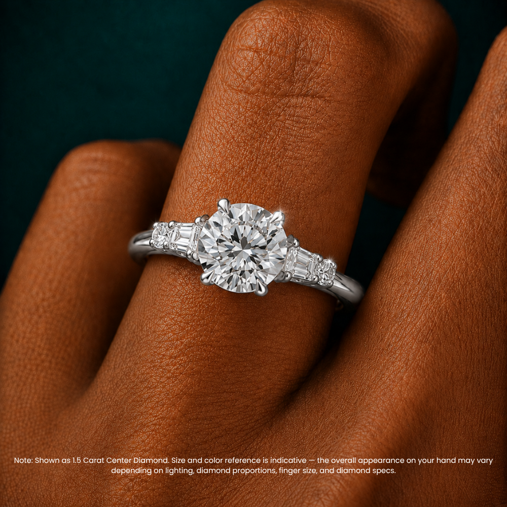 Leona Accents Round (Round and Baguette Side Stones) Lab Grown Diamond Engagement Ring in 18K Gold
