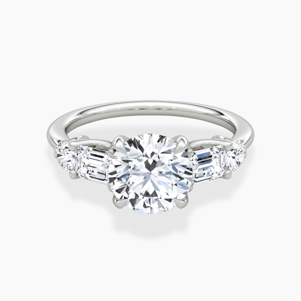 Leona Accents Round (Round and Baguette Side Stones) Lab Grown Diamond Engagement Ring in 18K Gold