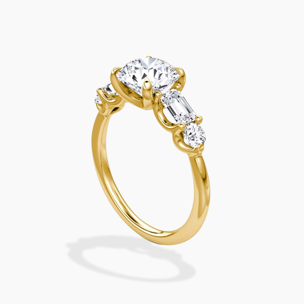 Leona Accents Round (Round and Baguette Side Stones) Lab Grown Diamond Engagement Ring in 18K Gold