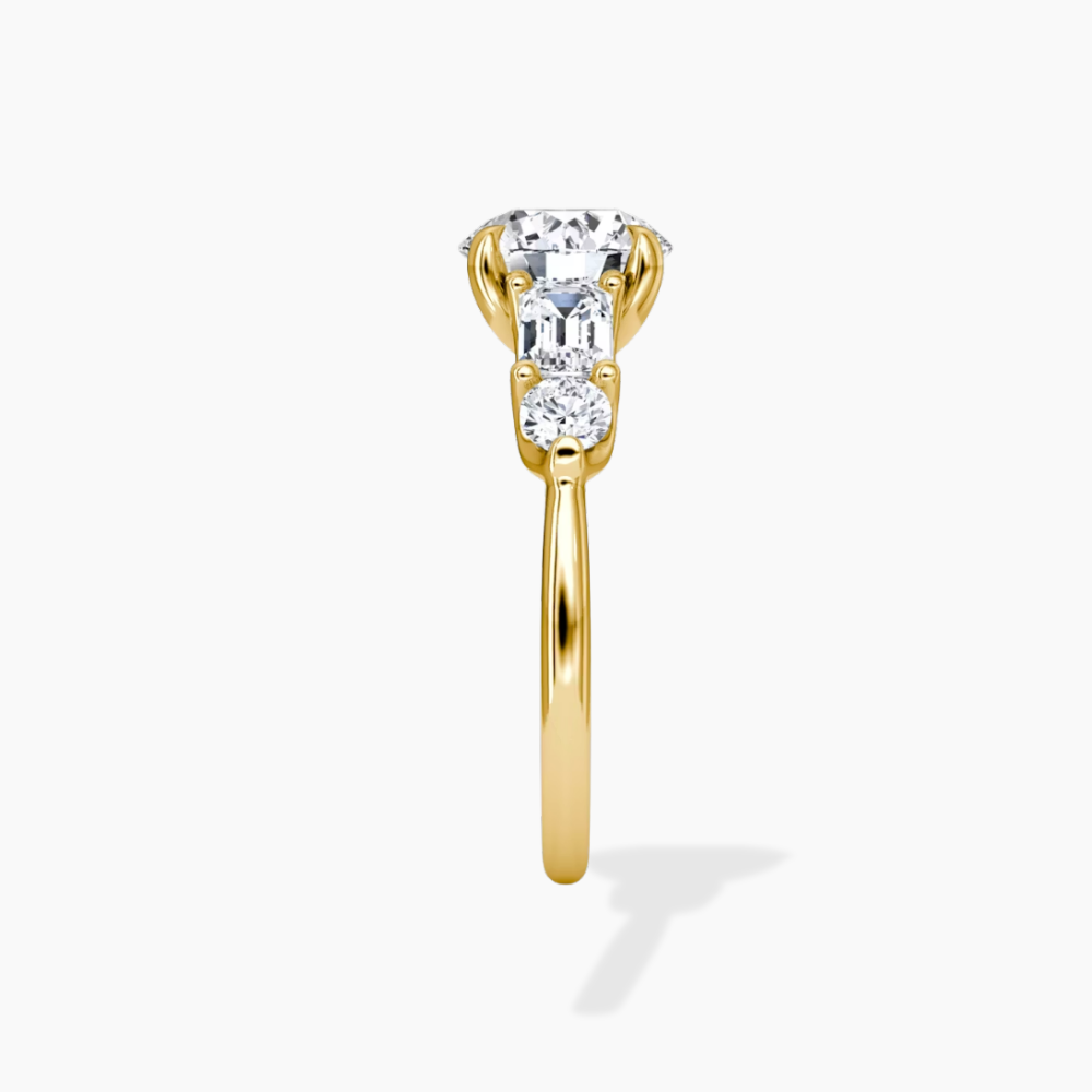 Leona Accents Round (Round and Baguette Side Stones) Lab Grown Diamond Engagement Ring in 18K Gold