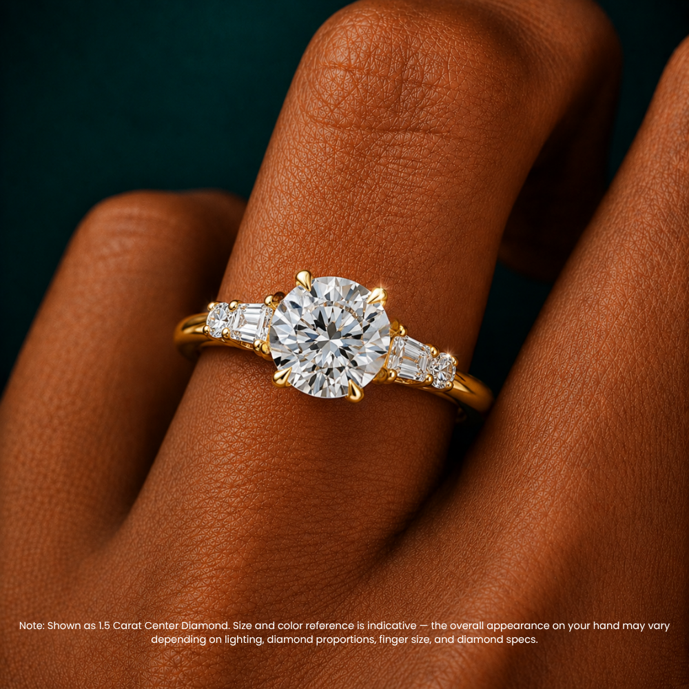 Leona Accents Round (Round and Baguette Side Stones) Lab Grown Diamond Engagement Ring in 18K Gold