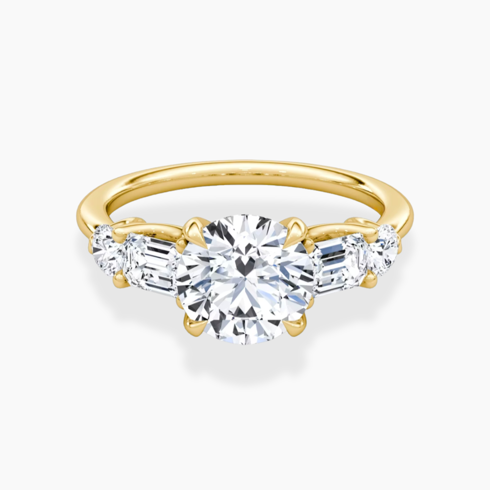 Leona Accents Round (Round and Baguette Side Stones) Lab Grown Diamond Engagement Ring in 18K Gold