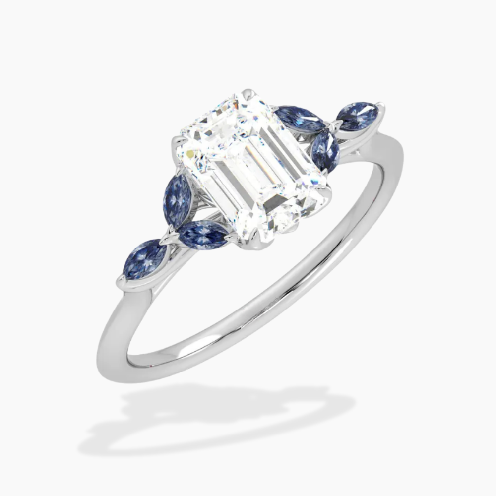Lima Accents (Blue Marquise Sides) Emerald Lab Grown Diamond Engagement Ring in 18K Gold
