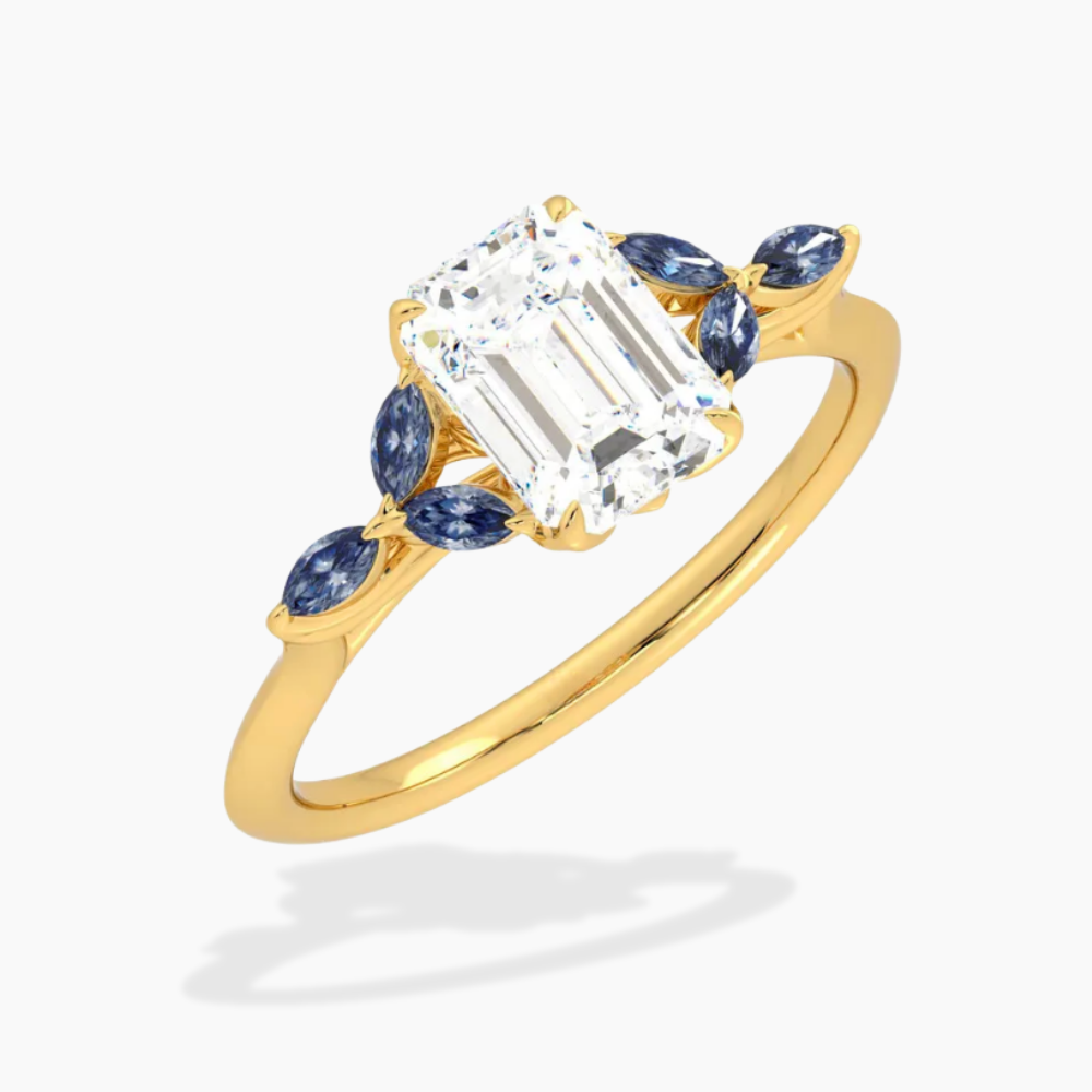 Lima Accents (Blue Marquise Sides) Emerald Lab Grown Diamond Engagement Ring in 18K Gold