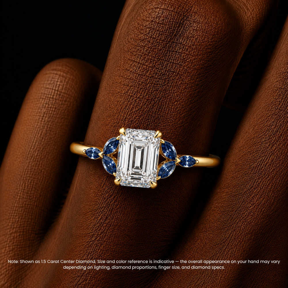 Lima Accents (Blue Marquise Sides) Emerald Lab Grown Diamond Engagement Ring in 18K Gold