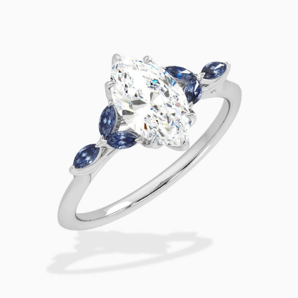 Lima Accents (Blue Marquise Sides) Marquise Lab Grown Diamond Engagement Ring in 18K Gold