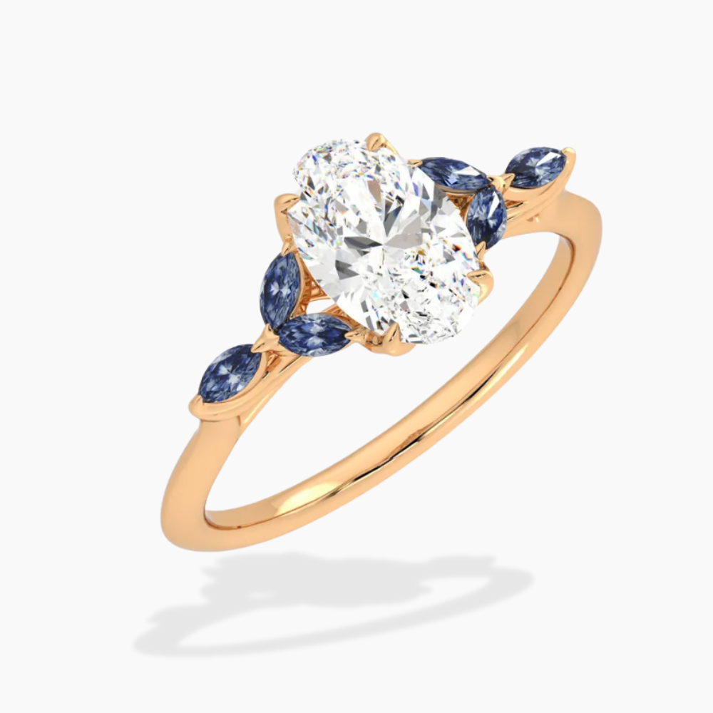 Lima Accents (Blue Marquise Sides) Oval Lab Grown Diamond Engagement Ring in 18K Gold