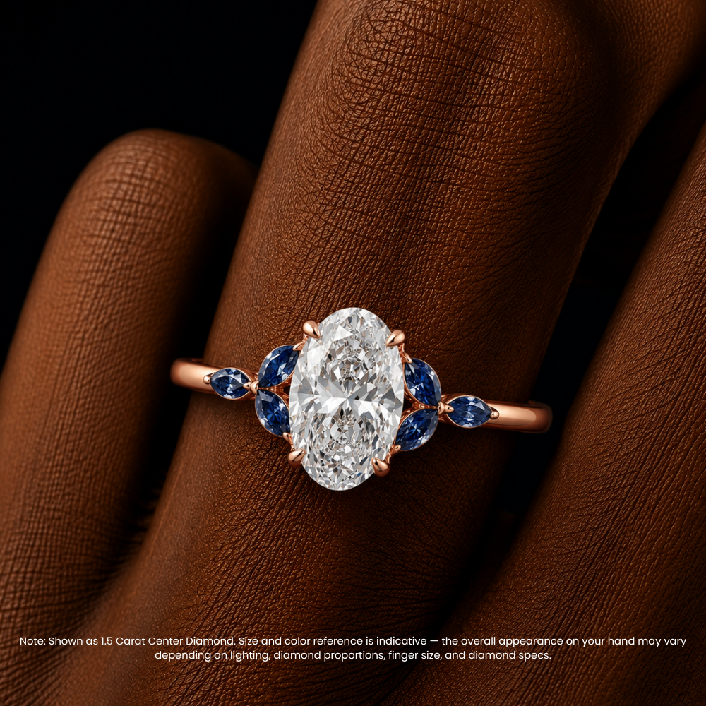 Lima Accents (Blue Marquise Sides) Oval Lab Grown Diamond Engagement Ring in 18K Gold