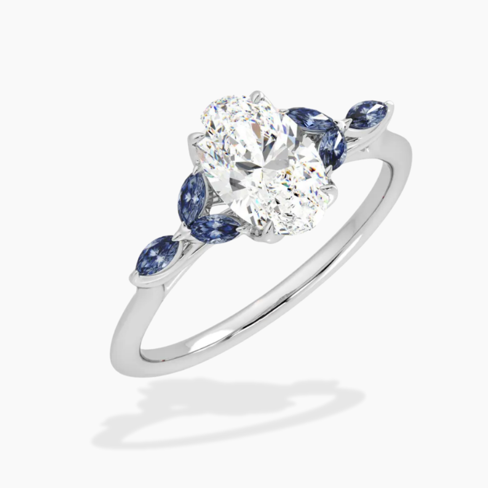 Lima Accents (Blue Marquise Sides) Oval Lab Grown Diamond Engagement Ring in 18K Gold