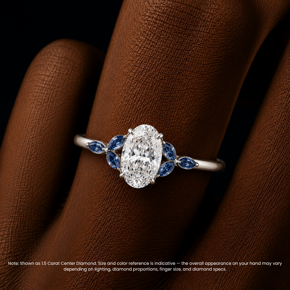 Lima Accents (Blue Marquise Sides) Oval Lab Grown Diamond Engagement Ring in 18K Gold
