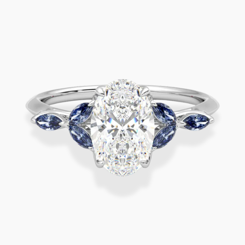 Lima Accents (Blue Marquise Sides) Oval Lab Grown Diamond Engagement Ring in 18K Gold