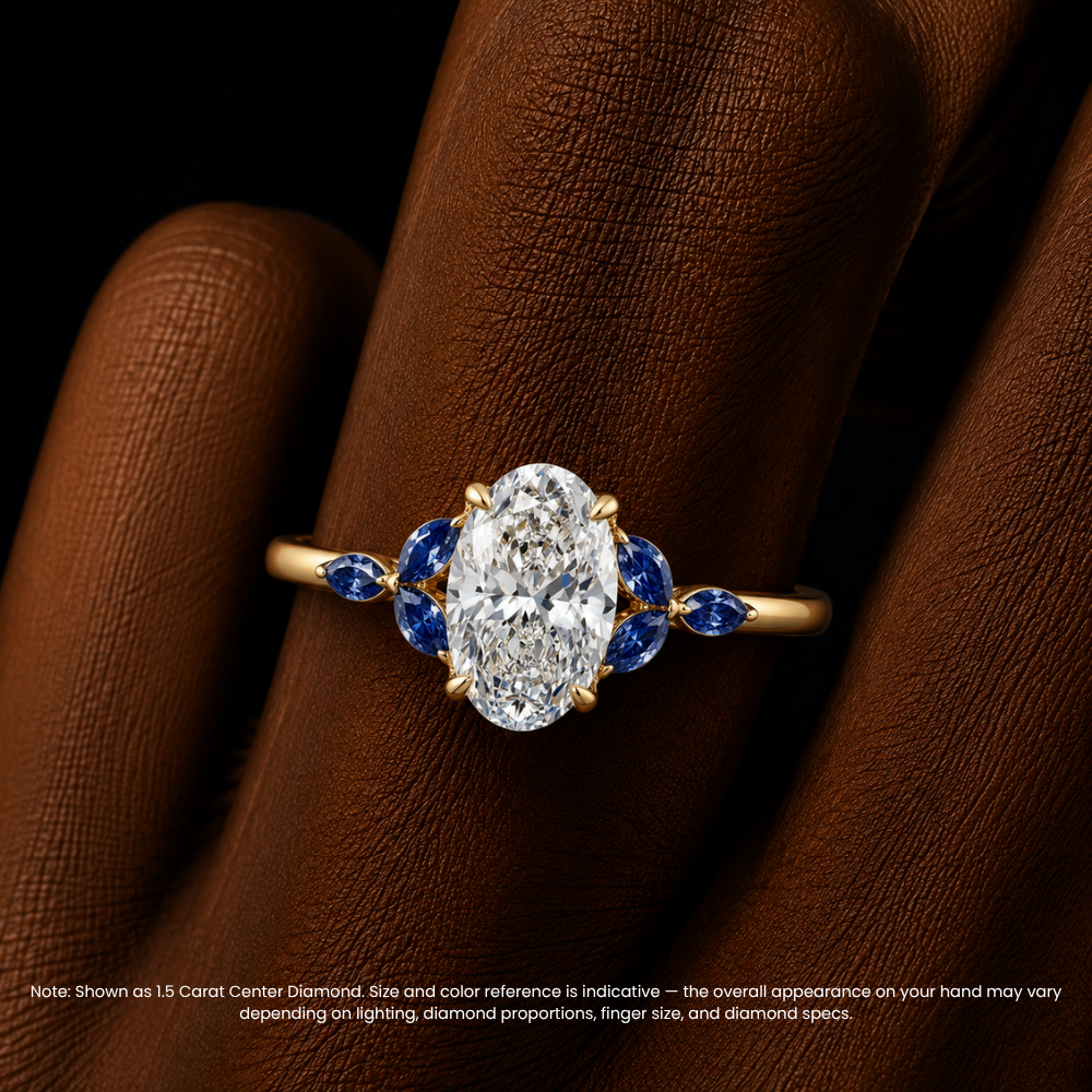Lima Accents (Blue Marquise Sides) Oval Lab Grown Diamond Engagement Ring in 18K Gold