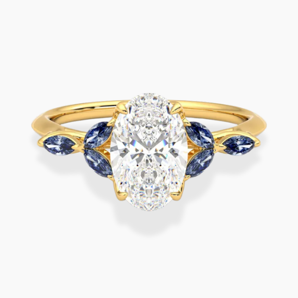 Lima Accents (Blue Marquise Sides) Oval Lab Grown Diamond Engagement Ring in 18K Gold
