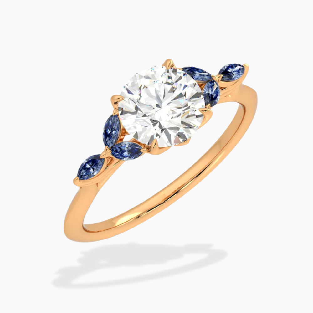Lima Accents (Blue Marquise Sides) Round Lab Grown Diamond Engagement Ring in 18K Gold