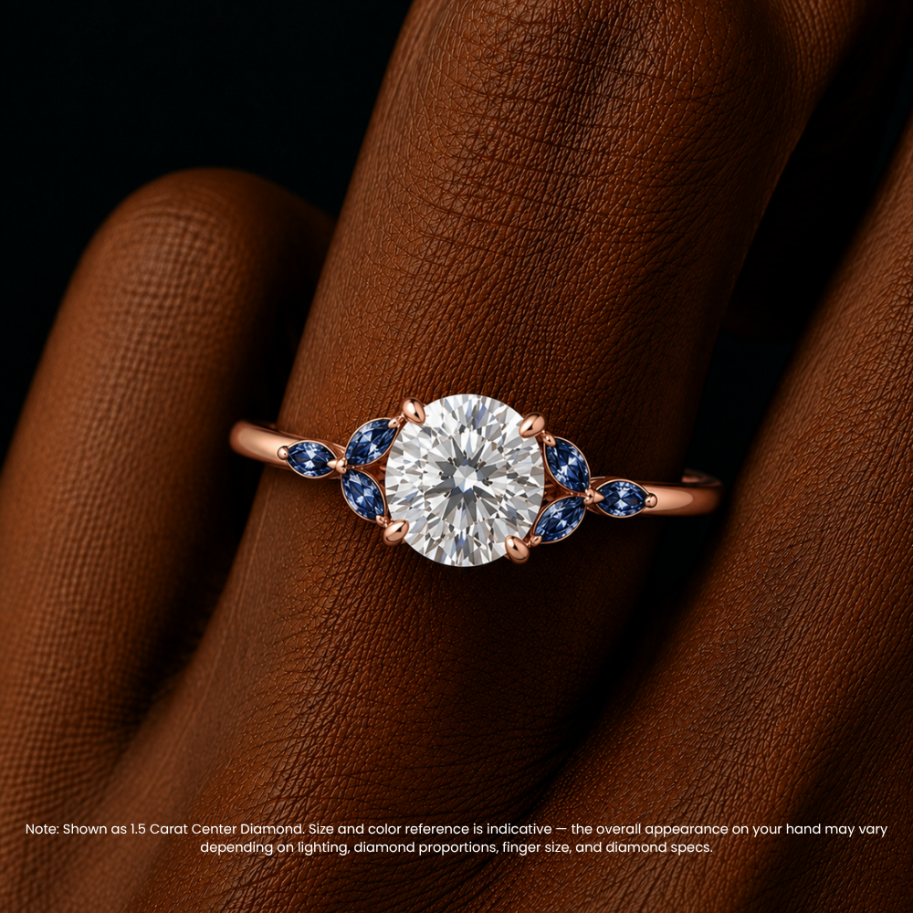 Lima Accents (Blue Marquise Sides) Round Lab Grown Diamond Engagement Ring in 18K Gold