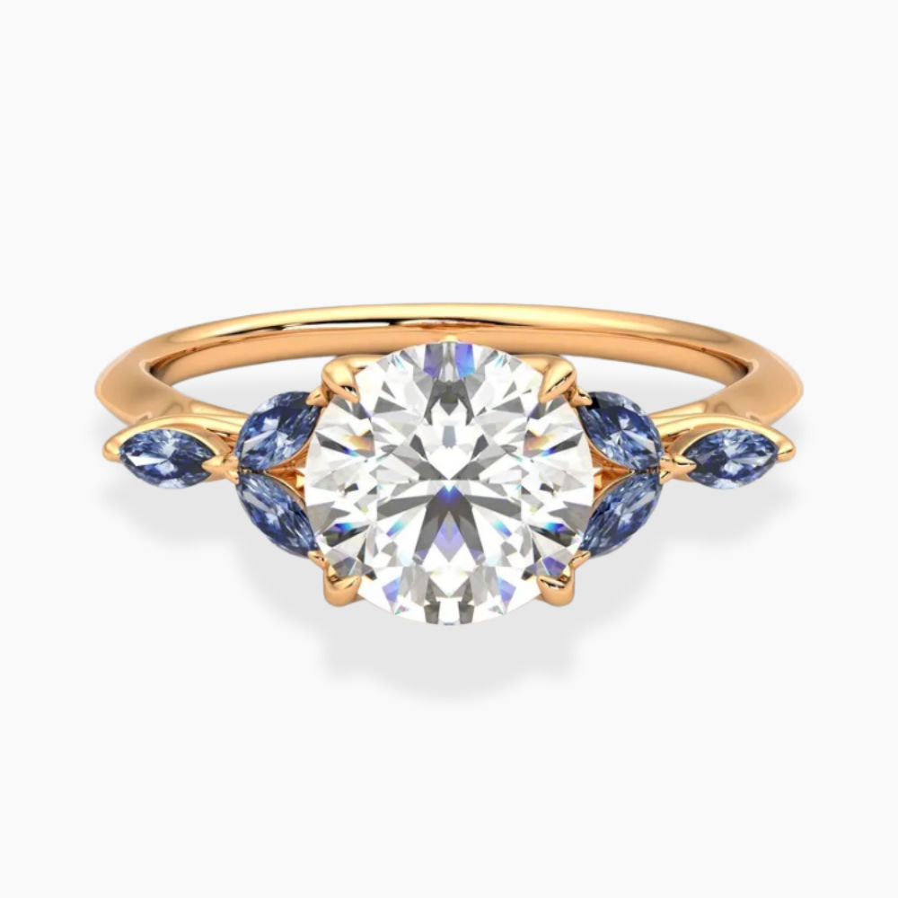 Lima Accents (Blue Marquise Sides) Round Lab Grown Diamond Engagement Ring in 18K Gold
