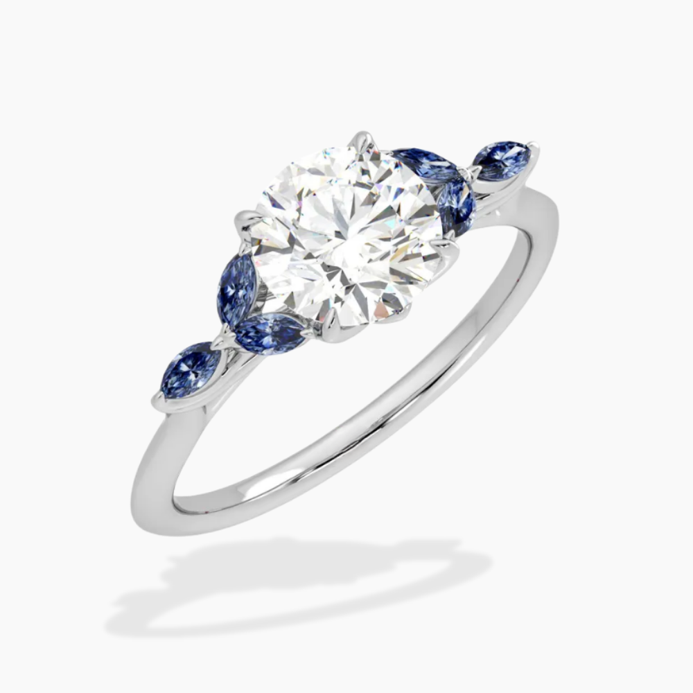 Lima Accents (Blue Marquise Sides) Round Lab Grown Diamond Engagement Ring in 18K Gold