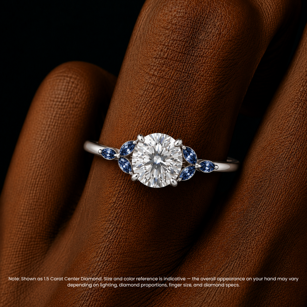Lima Accents (Blue Marquise Sides) Round Lab Grown Diamond Engagement Ring in 18K Gold