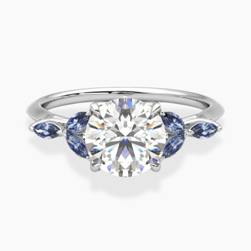 Lima Accents (Blue Marquise Sides) Round Lab Grown Diamond Engagement Ring in 18K Gold