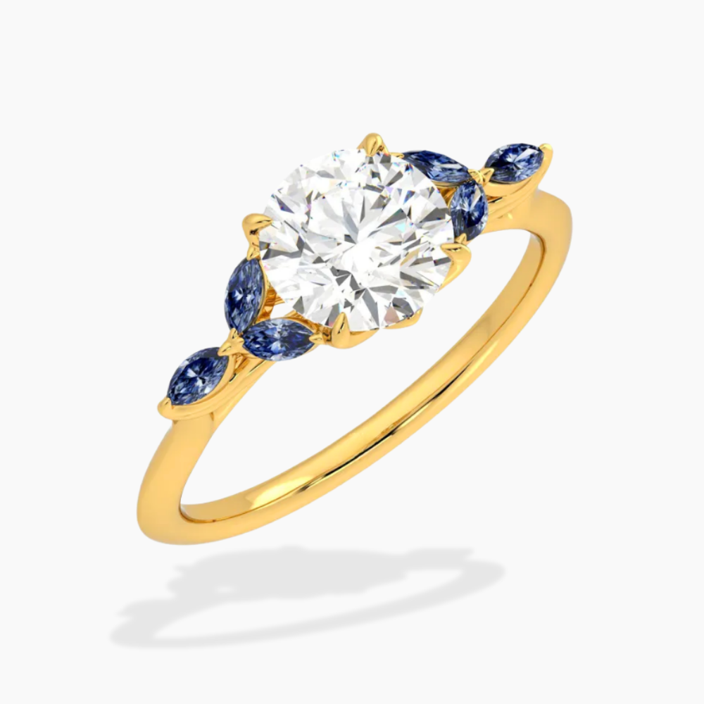 Lima Accents (Blue Marquise Sides) Round Lab Grown Diamond Engagement Ring in 18K Gold