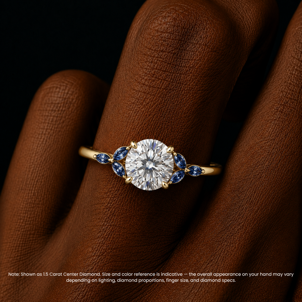 Lima Accents (Blue Marquise Sides) Round Lab Grown Diamond Engagement Ring in 18K Gold