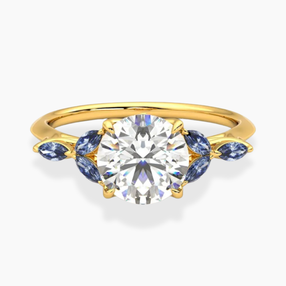 Lima Accents (Blue Marquise Sides) Round Lab Grown Diamond Engagement Ring in 18K Gold
