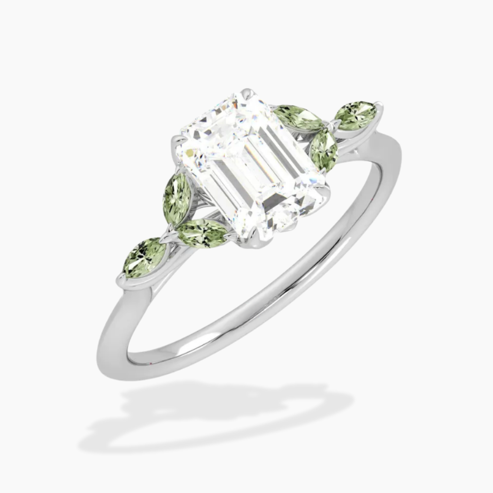Lima Accents (Green Marquise Sides) Emerald Lab Grown Diamond Engagement Ring in 18K Gold