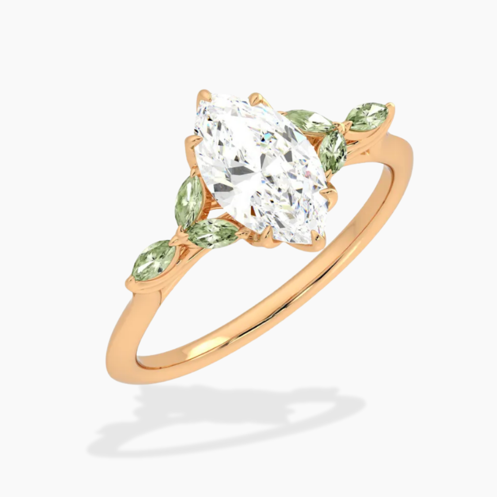 Lima Accents (Green Marquise Sides) Marquise Lab Grown Diamond Engagement Ring in 18K Gold