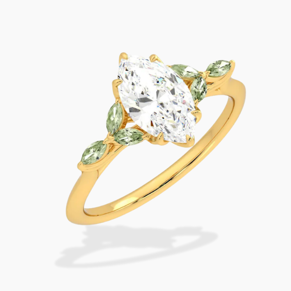 Lima Accents (Green Marquise Sides) Marquise Lab Grown Diamond Engagement Ring in 18K Gold