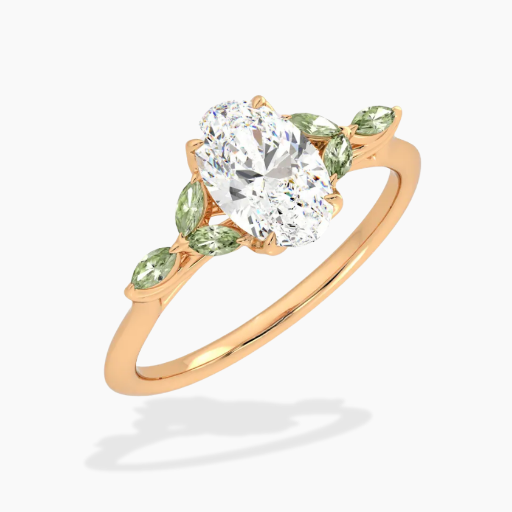 Lima Accents (Green Marquise Sides) Oval Lab Grown Diamond Engagement Ring in 18K Gold