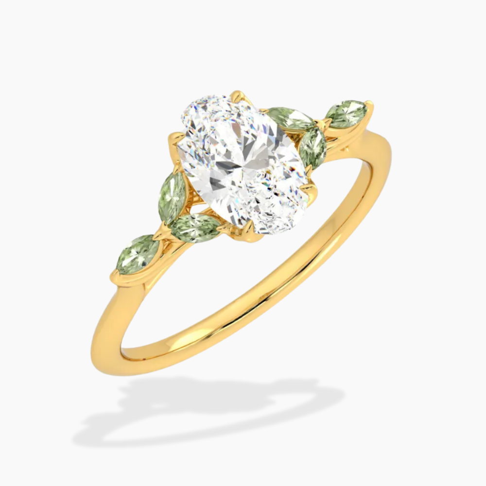 Lima Accents (Green Marquise Sides) Oval Lab Grown Diamond Engagement Ring in 18K Gold