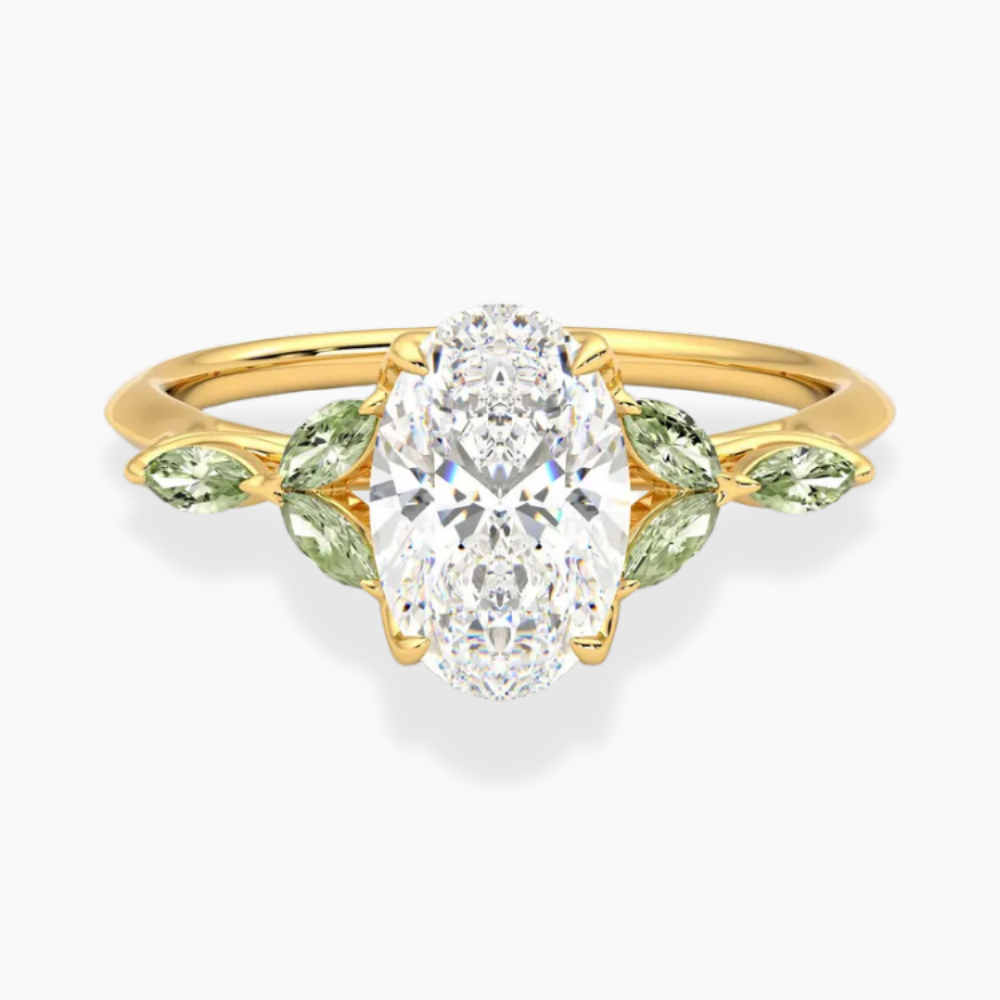 Lima Accents (Green Marquise Sides) Oval Lab Grown Diamond Engagement Ring in 18K Gold