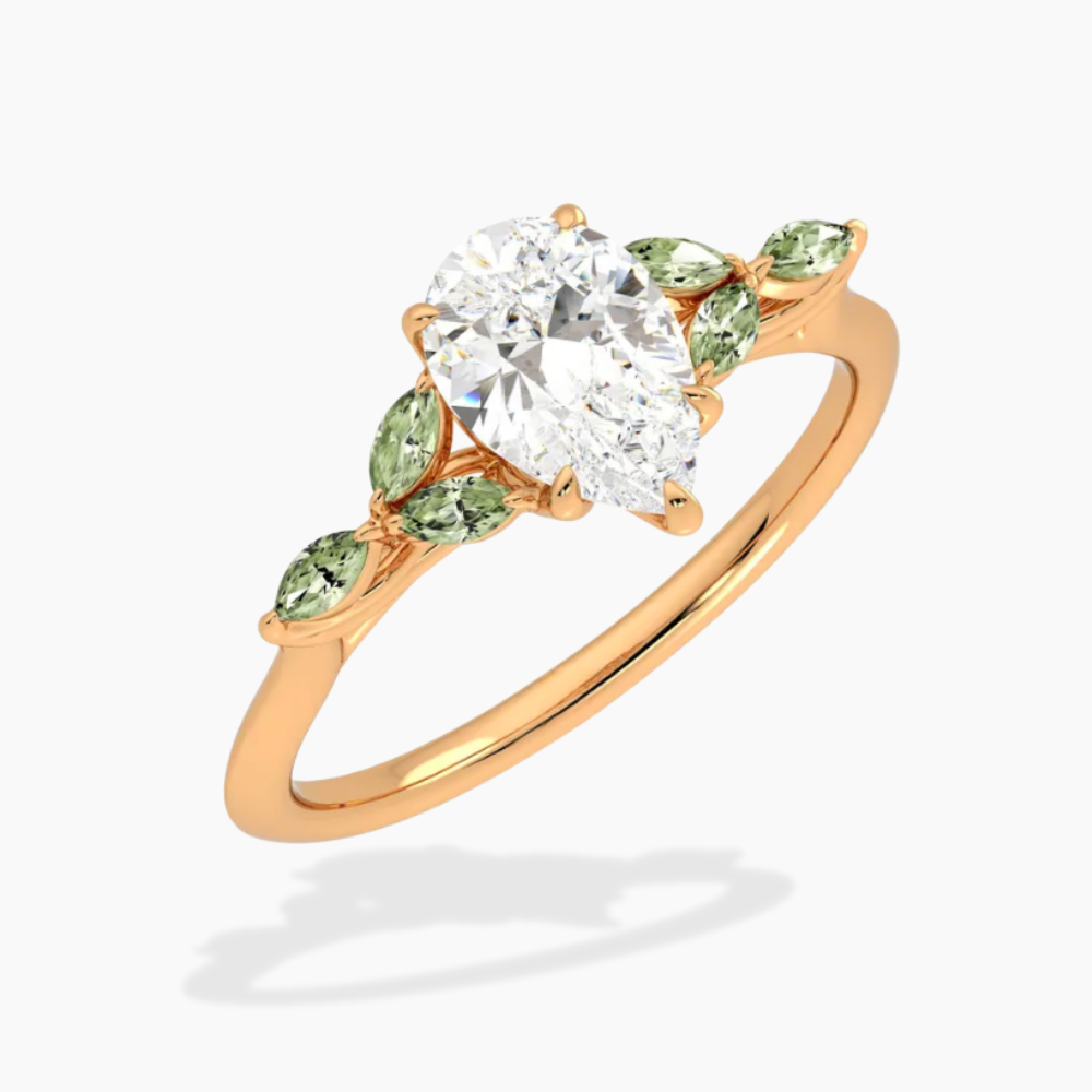 Lima Accents (Green Marquise Sides) Pear Lab Grown Diamond Engagement Ring in 18K Gold