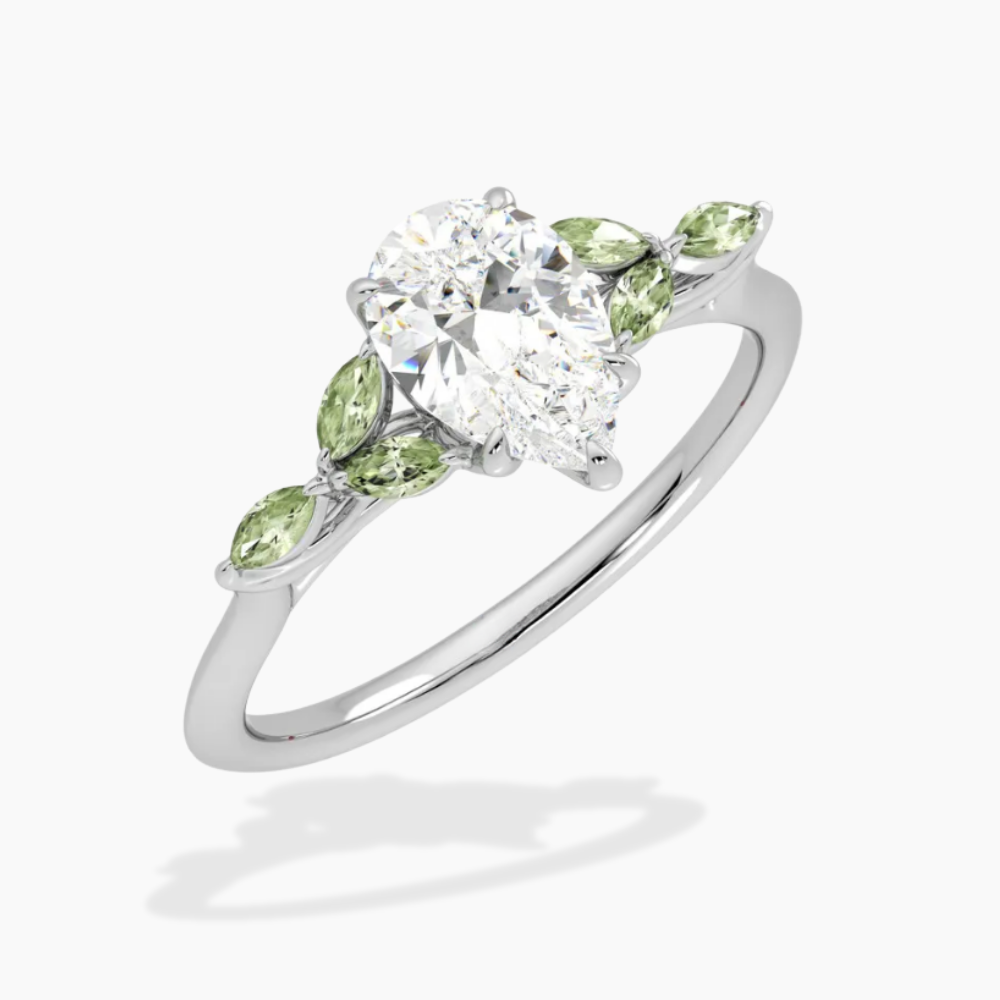 Lima Accents (Green Marquise Sides) Pear Lab Grown Diamond Engagement Ring in 18K Gold