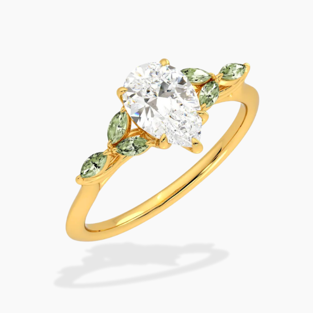 Lima Accents (Green Marquise Sides) Pear Lab Grown Diamond Engagement Ring in 18K Gold