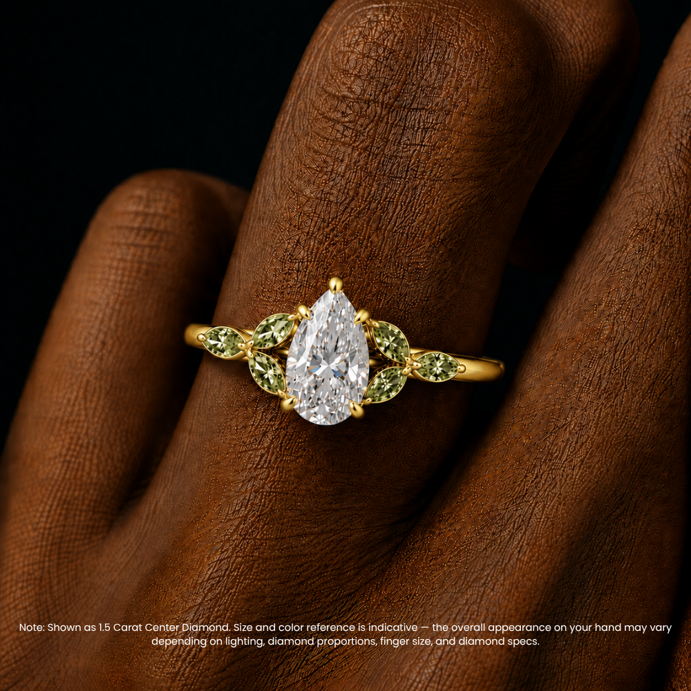 Lima Accents (Green Marquise Sides) Pear Lab Grown Diamond Engagement Ring in 18K Gold